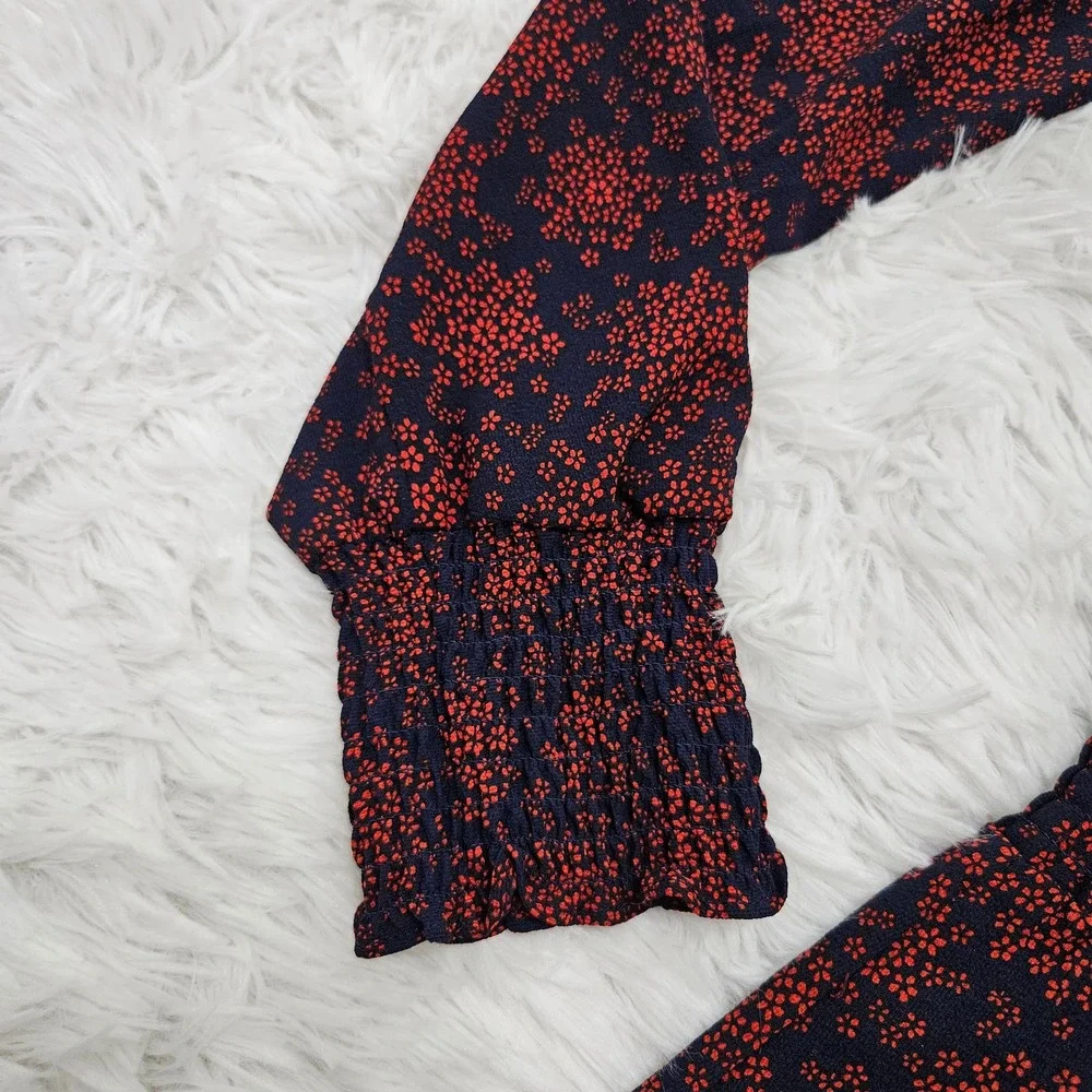 Michael Kors Navy Blue & Red Floral V-neck Long‎ Sleeve Layered Dress. Size P/2